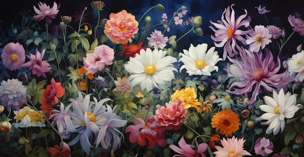 malowanie malowidła z bukietem kwiatów na czarnym tle generatywne ai