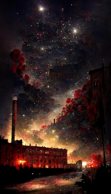 Malowanie miasta nocą z niebem pełnym gwiazd generatywne ai