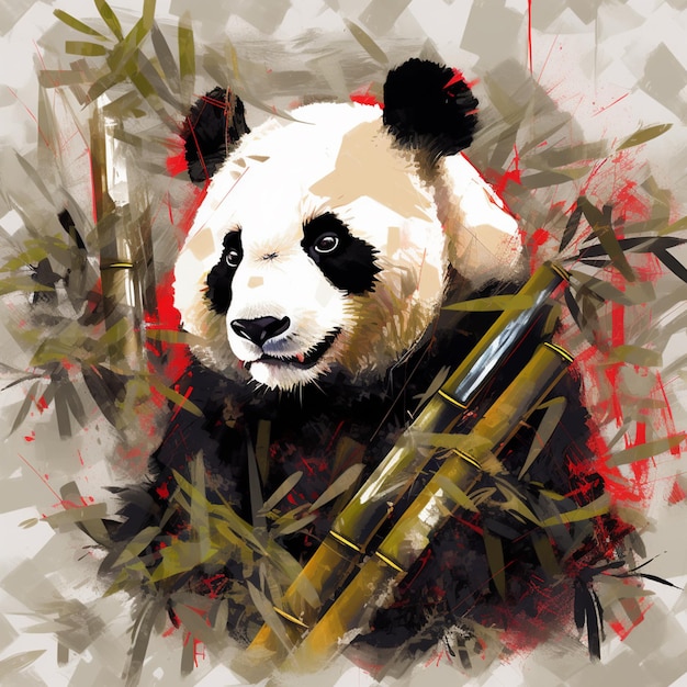 malowanie misia pandy z kijem bambusowym w pysku generatywnej ai