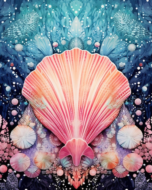 malowanie muszli z koralowcami i perłami na niebieskim tle generatywnej ai