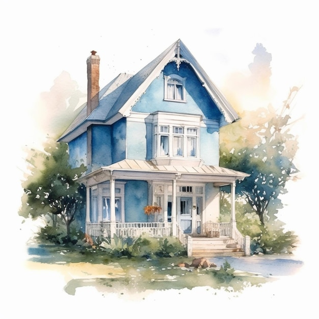 malowanie niebieskiego domu z werandą i werandą generatywną ai