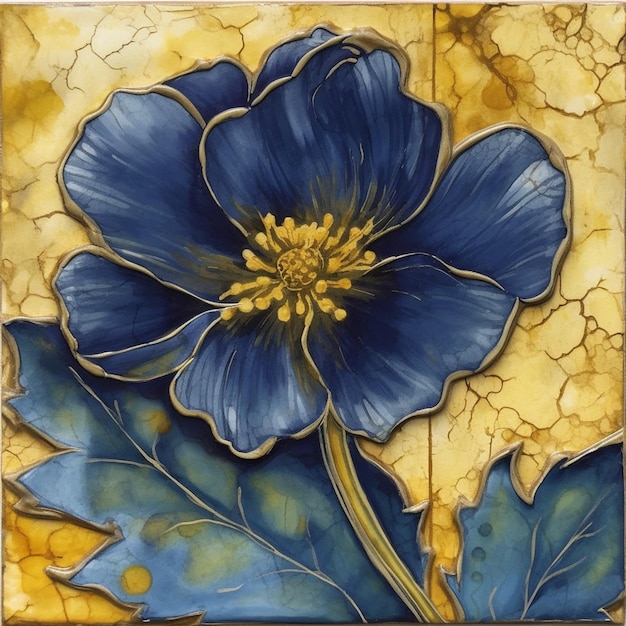 malowanie niebieskiego kwiatu na żółtym tle z liśćmi generatywnymi ai