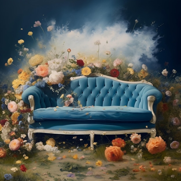 malowanie niebieskiej kanapy z kwiatami i chmurą w tle