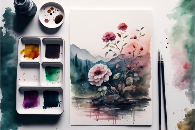 Zdjęcie malowanie obrazu kwiatów i akwareli na stole generatywnym ai