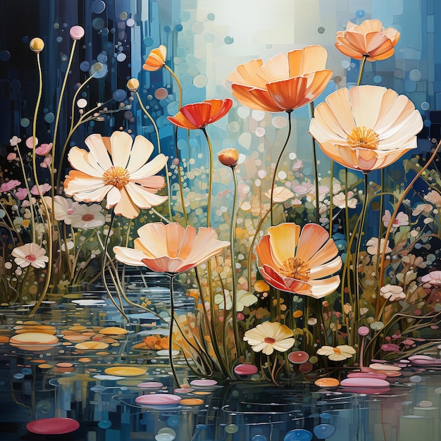 malowanie obrazu kwiatów w stawie z wodą generatywną ai