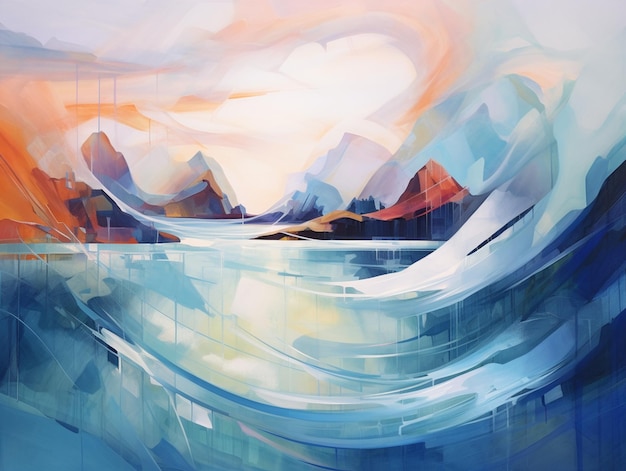 malowanie obrazu przedstawiającego pasmo górskie ze zbiornikiem wodnym generatywnym ai