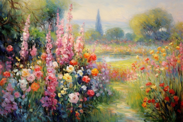 Malowanie ogrodu z kwiatami i rzeką w tle generatywne ai
