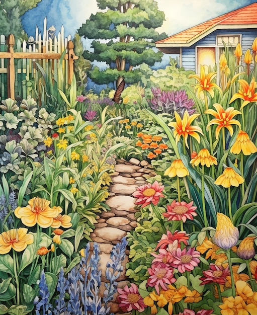 Zdjęcie malowanie ogrodu z kwiatami i ścieżki prowadzącej do domu generatywny ai