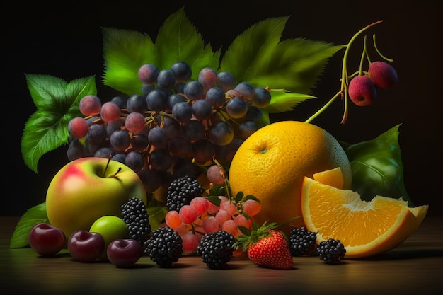 Malowanie owoców i liści na stole Generative AI