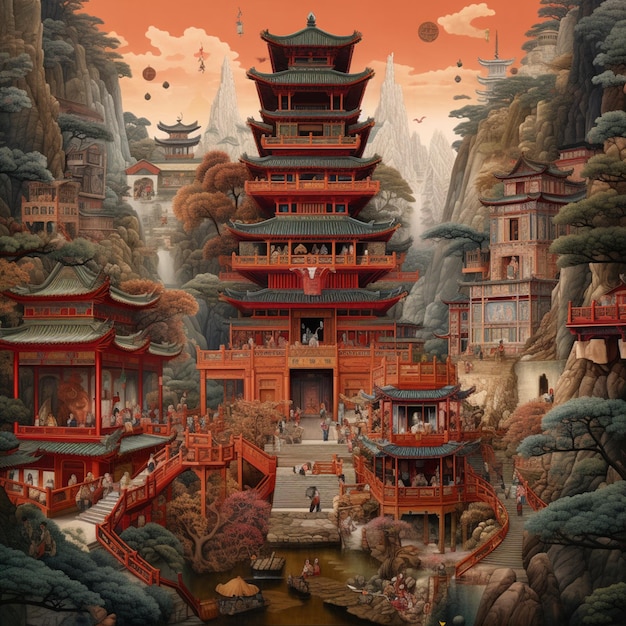 Malowanie pagody w górskim krajobrazie z rzeką generatywną ai