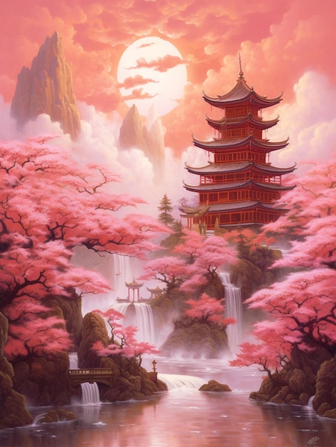 Malowanie pagody w różowym krajobrazie z generatywną ai wodospadu