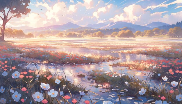 malowanie pięknego krajobrazu z rzeką i kwiatami generatywne ai