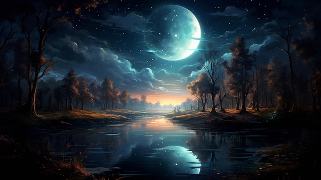 malowanie pięknej nocnej sceny z pełnią księżyca i jeziorem generatywnym AI