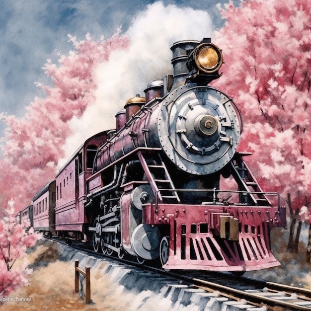 Malowanie pociągu jadącego po torach z drzewami w tle generatywne ai