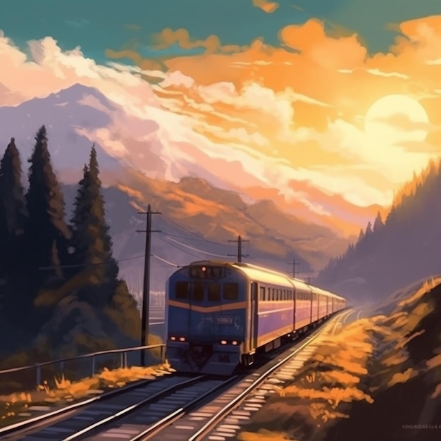 Malowanie pociągu jadącego po torze w górach generatywne ai