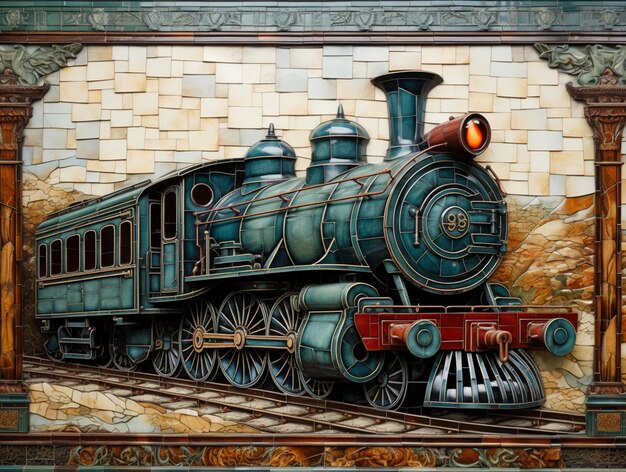 malowanie pociągu na ścianie z ceglanym tłem generatywnym ai