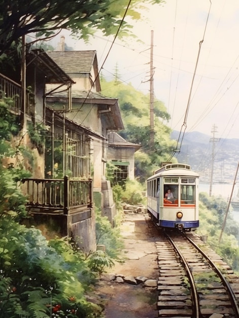 Zdjęcie malowanie pociągu na torze w pobliżu domu i rzeki generatywnej ai