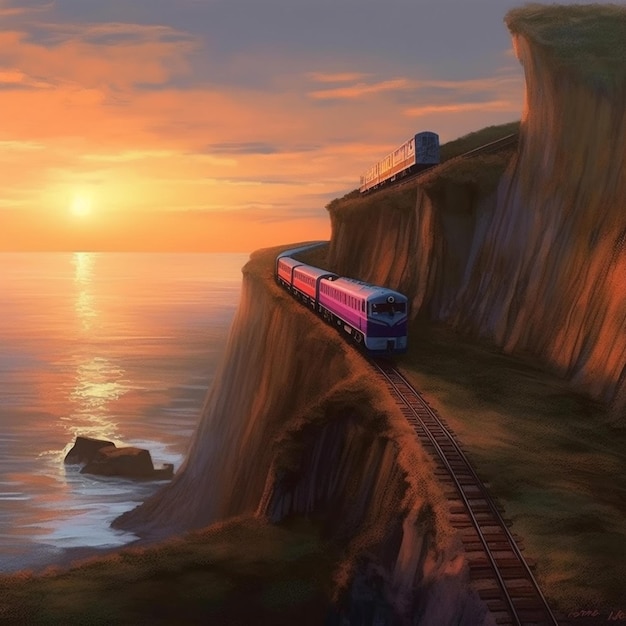 Malowanie pociągu na torze w pobliżu klifu z sztuczną inteligencją generatywną zachodu słońca