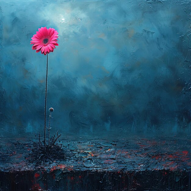 Zdjęcie malowanie pojedynczego różowego kwiatu w wazonie na niebieskim tle