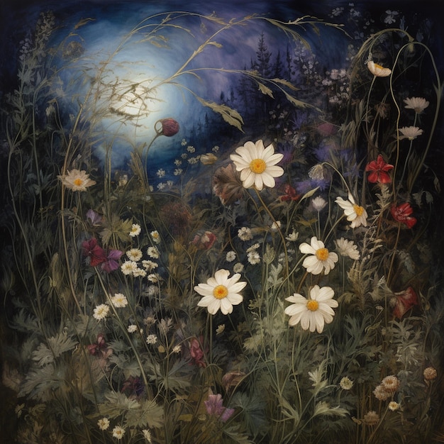malowanie pola dzikich kwiatów z pełnią księżyca w tle generatywną ai