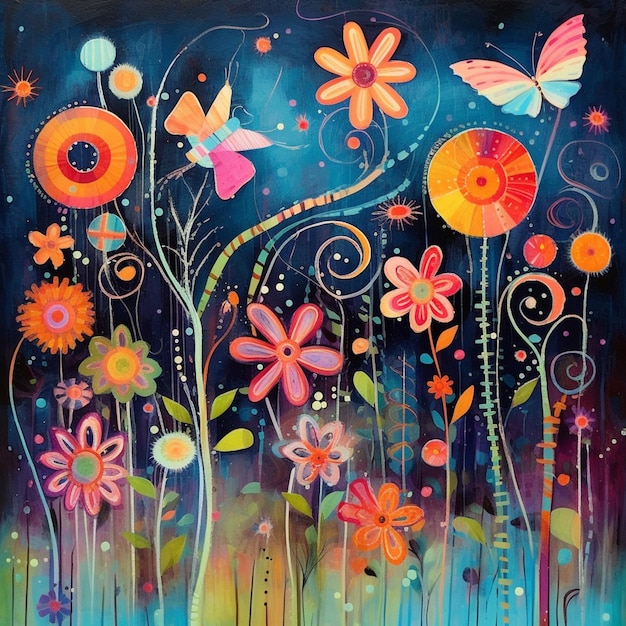 malowanie pola kwiatów z motylami i kwiatami w tle generatywnej ai