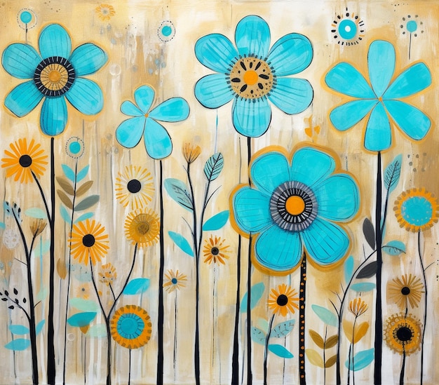 malowanie pola niebieskich kwiatów z żółtymi i zielonymi liśćmi generatywną ai