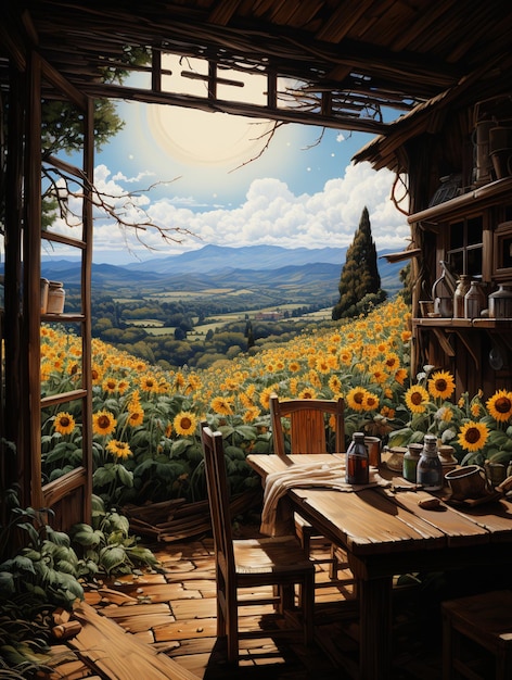 malowanie pola słonecznika z stołem i krzesłami generatywne ai