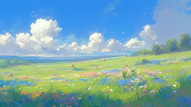 malowanie pola z kwiatami i tłem nieba generatywny ai