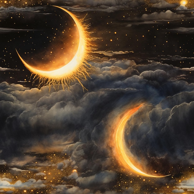 Zdjęcie malowanie półksiężyca i słońca na niebie z chmurami generatywnymi ai