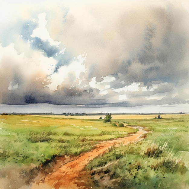 malowanie polnej drogi na polu z pochmurnym niebem generatywną ai