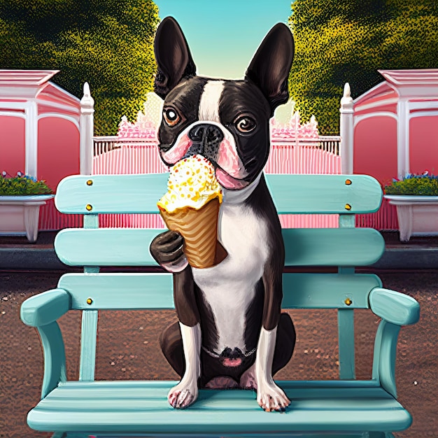 Malowanie psa siedzącego na ławce jedzącego lody w rożku generatywnym ai