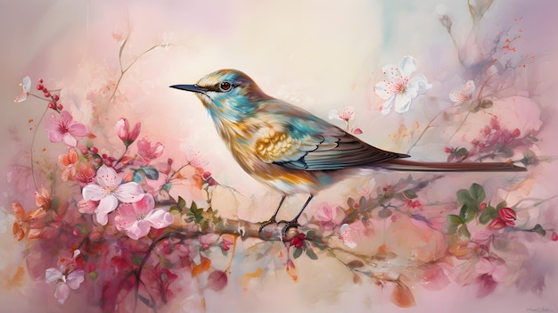 Malowanie ptaka siedzącego na gałęzi drzewa z kwiatami generatywnymi ai