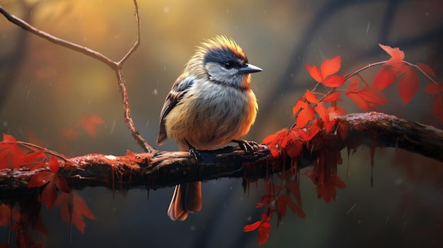 Malowanie ptaka siedzącego na gałęzi drzewa