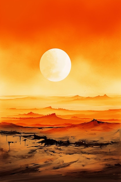 Zdjęcie malowanie pustynnego krajobrazu z pełnią księżyca w oddali ai generative