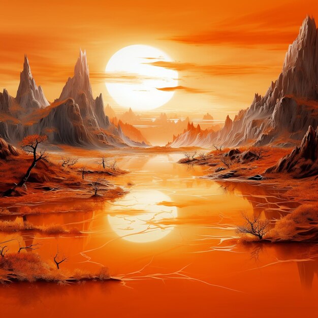 malowanie pustynnego krajobrazu z rzeką i górami w tle generatywny ai