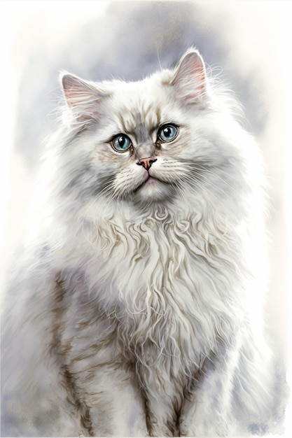 Malowanie puszystego białego kota z niebieskimi oczami generatywne ai