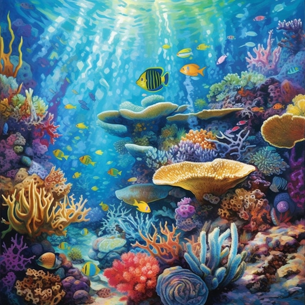 Malowanie rafy koralowej z rybami i koralowcami pod wodą generatywne ai