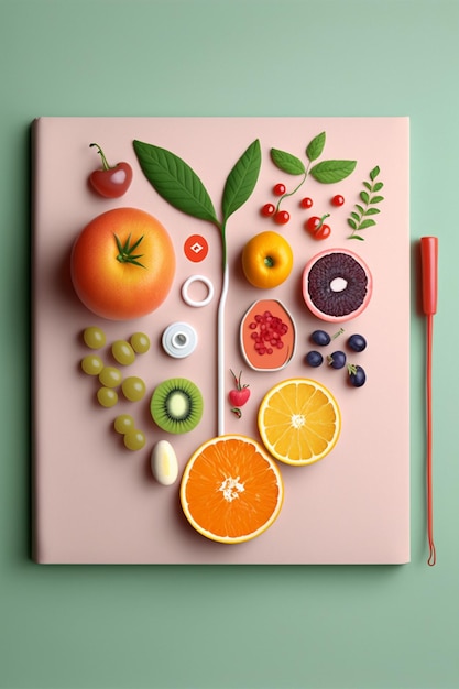 Malowanie różnych owoców i warzyw na różowej powierzchni generatywnej ai
