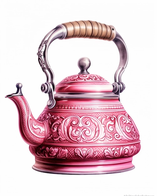 Malowanie różowego czajnika z drewnianą rączką generatywną ai