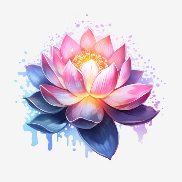 Zdjęcie malowanie różowego kwiatu lotosu z niebieskimi liśćmi i rozpryskiem farby generatywnej ai