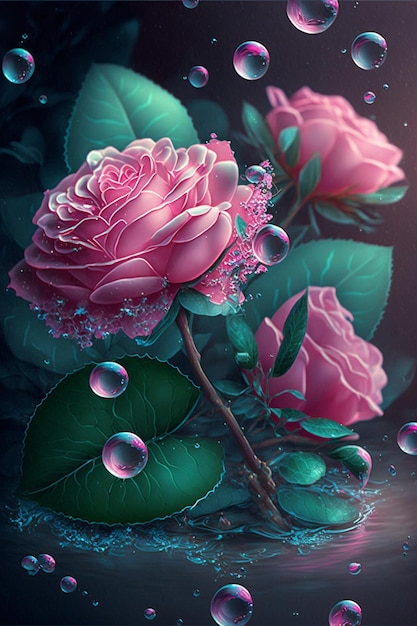 Malowanie różowej róży otoczonej generatywnymi bąbelkami ai