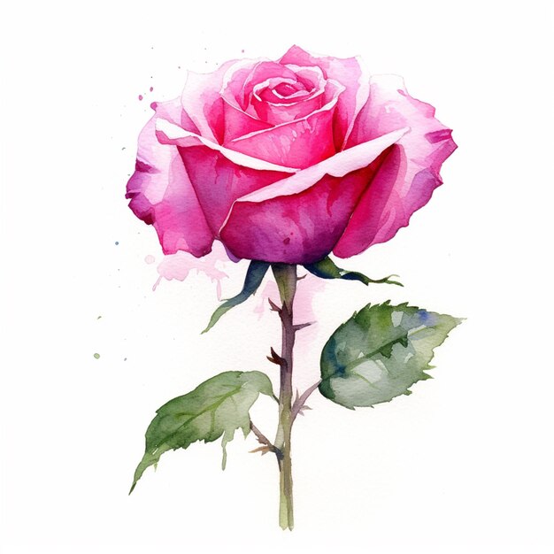 Malowanie różowej róży z zielonymi liśćmi na białym tle generatywna ai