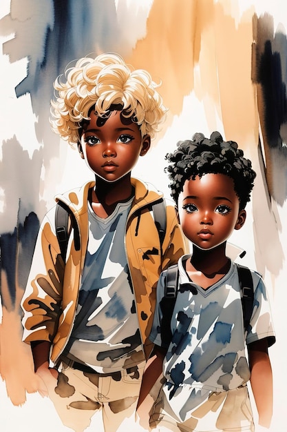 malowanie Rysunek odręczny przedstawiający piękną cyfrową ilustrację dwójki czarnych dzieci i jednego komiksu o blond włosach