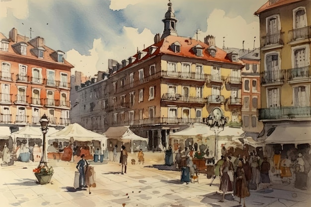Malowanie rysunku akwarelą Plaza Mayor w Madrycie