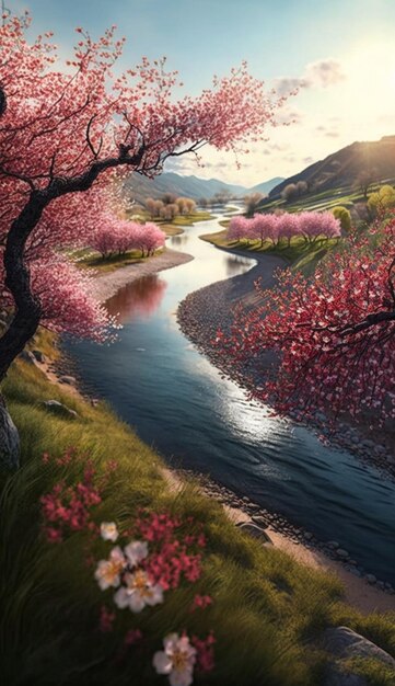 Malowanie rzeki z drzewem i kwiatami na pierwszym planie generatywnej ai
