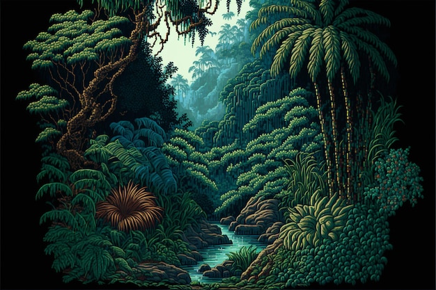 Malowanie sceny dżungli na czarnym tle generatywnej ai