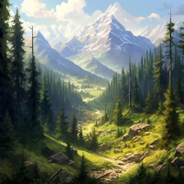 Malowanie sceny górskiej z doliną i lasem generatywnym ai