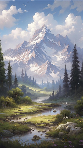 malowanie sceny górskiej ze strumieniem i leśną ai generatywną