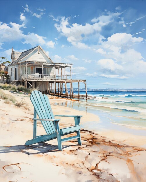 Malowanie Sceny Na Plaży Z Krzesłem I Domem Generatywny Ai