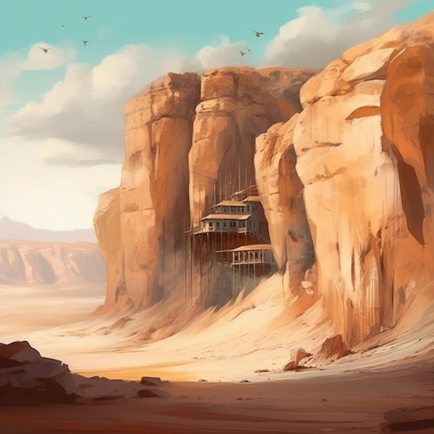 Malowanie sceny pustynnej z domem pośrodku klifu generatywnego ai